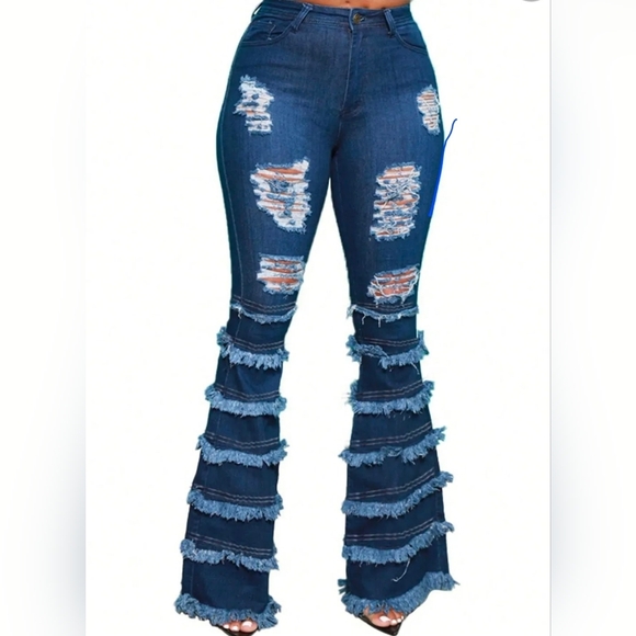 Denim - Frayed Hem Distressed Wide Leg Jeans